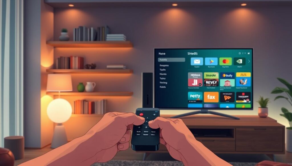 A modern living room setup featuring a sleek Nvidia Shield streaming device prominently displayed on a stylish media console. In the foreground, a smart TV shows the Xtream9 IPTV application interface, showcasing colorful icons and an easy-to-navigate menu. In the middle ground, a pair of hands gently holds a remote control, focused on selecting options on the screen. The background features warm ambient lighting, creating a cozy atmosphere, with decorative elements like books and plants enhancing the homey feel. A soft, diffused glow reflects the excitement of entertainment possibilities. Capture this scene from a slightly elevated angle to emphasize both the device and the TV screen, conveying a sense of user-friendly technology and modern living. A modern living room setup featuring a sleek Nvidia Shield streaming device prominently displayed on a stylish media console. In the foreground, a smart TV shows the Xtream9 IPTV application interface, showcasing colorful icons and an easy-to-navigate menu. In the middle ground, a pair of hands gently holds a remote control, focused on selecting options on the screen. The background features warm ambient lighting, creating a cozy atmosphere, with decorative elements like books and plants enhancing the homey feel. A soft, diffused glow reflects the excitement of entertainment possibilities. Capture this scene from a slightly elevated angle to emphasize both the device and the TV screen, conveying a sense of user-friendly technology and modern living.