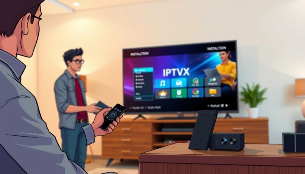 A modern living room setup featuring a stylish, sleek Nvidia Shield streaming device prominently displayed on a wooden media console. In the foreground, a user, dressed in casual yet professional attire, is seen holding a remote, focused on the screen, which displays the IPTVX installation interface with vibrant colors and graphics. In the middle, a large flat-screen TV showcases the installation process of IPTVX, with clear, user-friendly icons. The background is softly blurred, hinting at a cozy environment with warm lighting from overhead fixtures, creating a relaxed atmosphere suitable for tech setup. The scene captures a moment of engagement and technology in a contemporary home setting. A modern living room setup featuring a stylish, sleek Nvidia Shield streaming device prominently displayed on a wooden media console. In the foreground, a user, dressed in casual yet professional attire, is seen holding a remote, focused on the screen, which displays the IPTVX installation interface with vibrant colors and graphics. In the middle, a large flat-screen TV showcases the installation process of IPTVX, with clear, user-friendly icons. The background is softly blurred, hinting at a cozy environment with warm lighting from overhead fixtures, creating a relaxed atmosphere suitable for tech setup. The scene captures a moment of engagement and technology in a contemporary home setting.