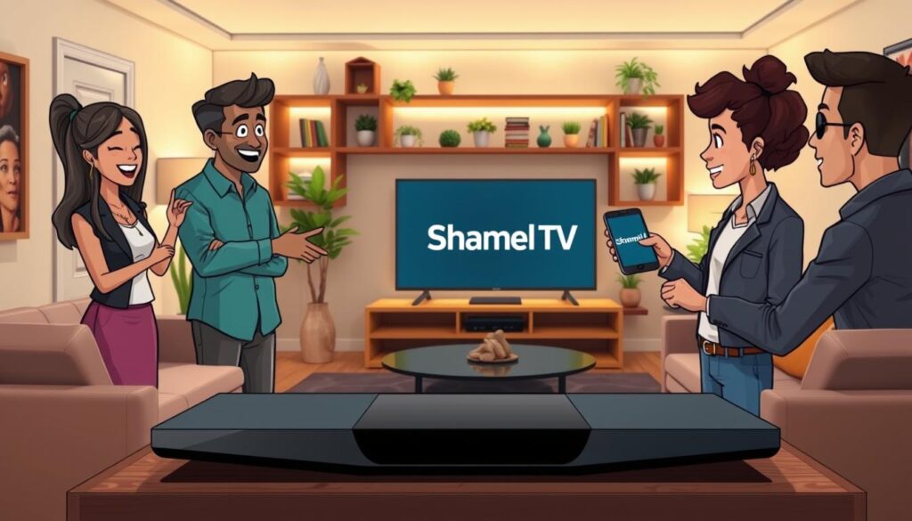 A modern living room setup featuring an Nvidia Shield device prominently displayed on a sleek entertainment center. In the foreground, a diverse group of three individuals, dressed in professional casual attire, enthusiastically discussing the installation process. One person is pointing at the Nvidia Shield while another holds a smartphone displaying the Shamel TV interface. In the middle ground, a flat-screen TV shows the Shamel TV logo clearly, surrounded by cozy furniture and subtle lighting that creates a warm, inviting atmosphere. The background features a well-lit room with ambient lighting, plants, and shelves adorned with books, suggesting a tech-savvy and comfortable home environment. The overall mood is informative and engaging, radiating a sense of collaboration and discovery.