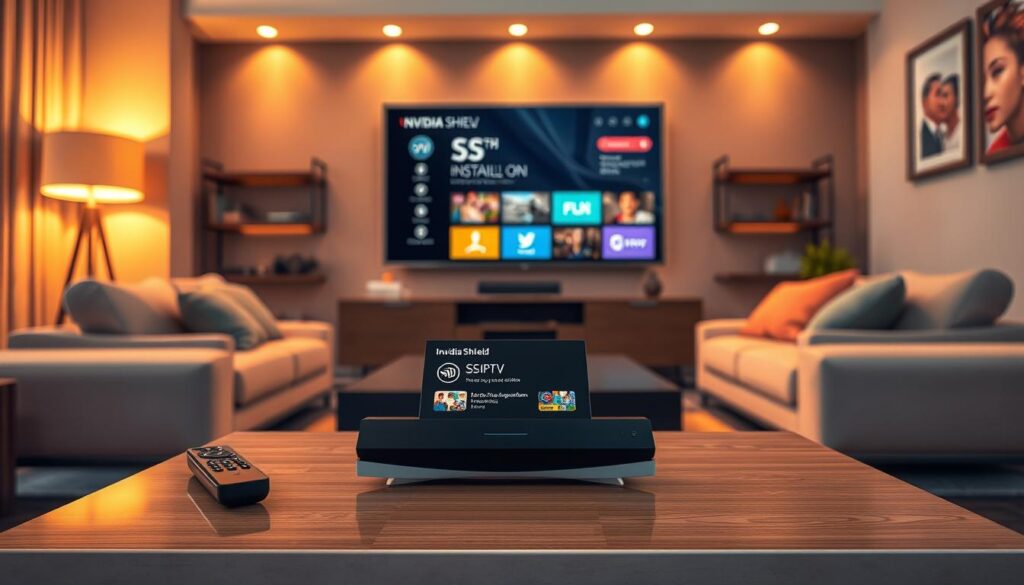 A modern living room setup focused on a sleek Nvidia Shield device displaying the installation screen for SS IPTV. In the foreground, the Nvidia Shield is prominently placed on a contemporary coffee table, with a remote control beside it. The middle ground features a comfortable sofa with vibrant cushions, giving the scene a cozy feel. The background should showcase a stylish entertainment unit with a large flat-screen TV mounting the interface of SS IPTV, illuminated with soft ambient lighting. Use warm, inviting colors to enhance the mood, while ensuring the scene conveys a sense of ease and accessibility in tech installation. The perspective should be slightly from above, capturing both the device and the inviting environment in one harmonious shot.