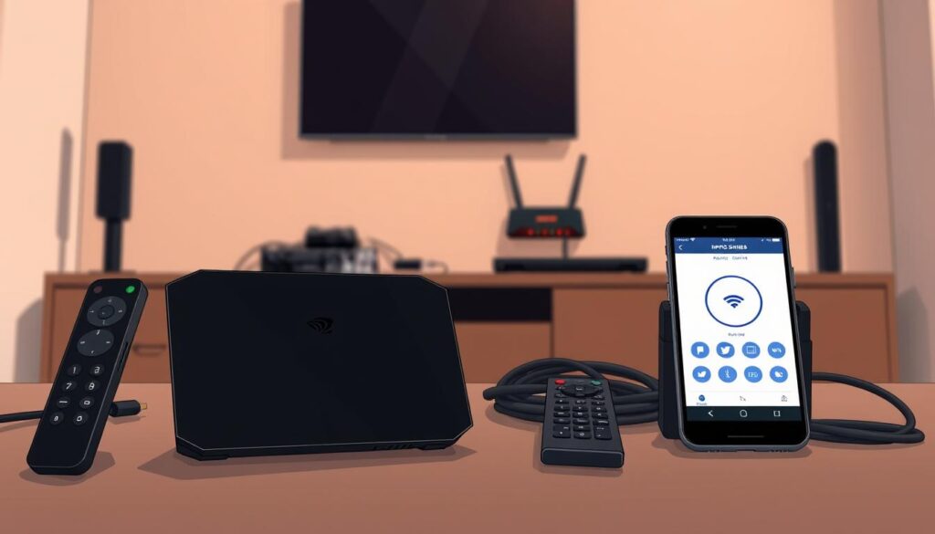 A modern setup featuring an NVIDIA Shield device surrounded by essential accessories for IPTV installation. In the foreground, the NVIDIA Shield is prominently displayed, sleek and black, with distinct sharp edges and a glowing logo. Beside it, a remote control and a smartphone open to the IPTV Smarters app, showcasing its interface. In the middle ground, there’s a well-organized workspace including HDMI cables, a Wi-Fi router with blinking lights, and a flat-screen TV mounted on the wall. The background features soft, ambient lighting that highlights the setup, suggesting an inviting and tech-savvy atmosphere. The angle is slightly tilted to provide depth, capturing both the products and the overall feel of a ready-to-use entertainment station. The mood is professional, inspiring confidence in technology integration.
