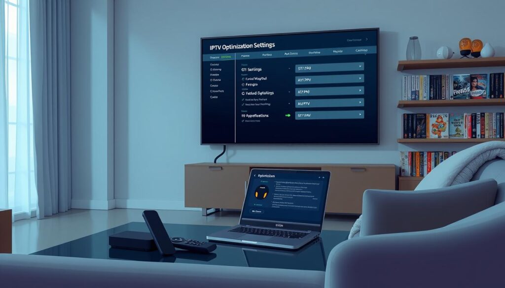 A modern, sleek living room scene featuring a high-tech Nvidia Shield streaming device connected to a large flat-screen TV displaying the IPTV optimization settings interface. In the foreground, a stylish coffee table holds a remote control and a laptop displaying additional settings and configurations for IPTV apps. The middle ground showcases a comfortable couch with a plush blanket, and ambient lighting softly illuminates the room, creating a cozy atmosphere. In the background, a bookshelf filled with tech and entertainment magazines complements the modern decor. The angle captures the essence of a home entertainment setup, inviting viewers to engage with the subject of IPTV applications optimization without distractions or overlays. A modern, sleek living room scene featuring a high-tech Nvidia Shield streaming device connected to a large flat-screen TV displaying the IPTV optimization settings interface. In the foreground, a stylish coffee table holds a remote control and a laptop displaying additional settings and configurations for IPTV apps. The middle ground showcases a comfortable couch with a plush blanket, and ambient lighting softly illuminates the room, creating a cozy atmosphere. In the background, a bookshelf filled with tech and entertainment magazines complements the modern decor. The angle captures the essence of a home entertainment setup, inviting viewers to engage with the subject of IPTV applications optimization without distractions or overlays.