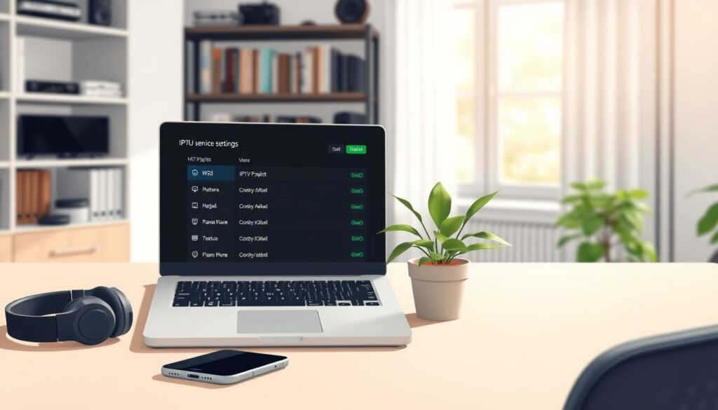 A modern, stylish workspace featuring a sleek laptop displaying the IPTV service settings interface with an M3U playlist prominently visible on the screen. In the foreground, a clean desk with minimalistic design includes a smartphone beside the laptop and a high-quality pair of headphones. The middle ground shows a potted plant for a touch of greenery, while an organized bookshelf filled with tech books and gadgets is in the background. Soft, natural lighting filters through a window, creating a warm, inviting atmosphere with a slight bokeh effect on the background elements. The overall mood is focused and professional, suitable for a technology-related topic.