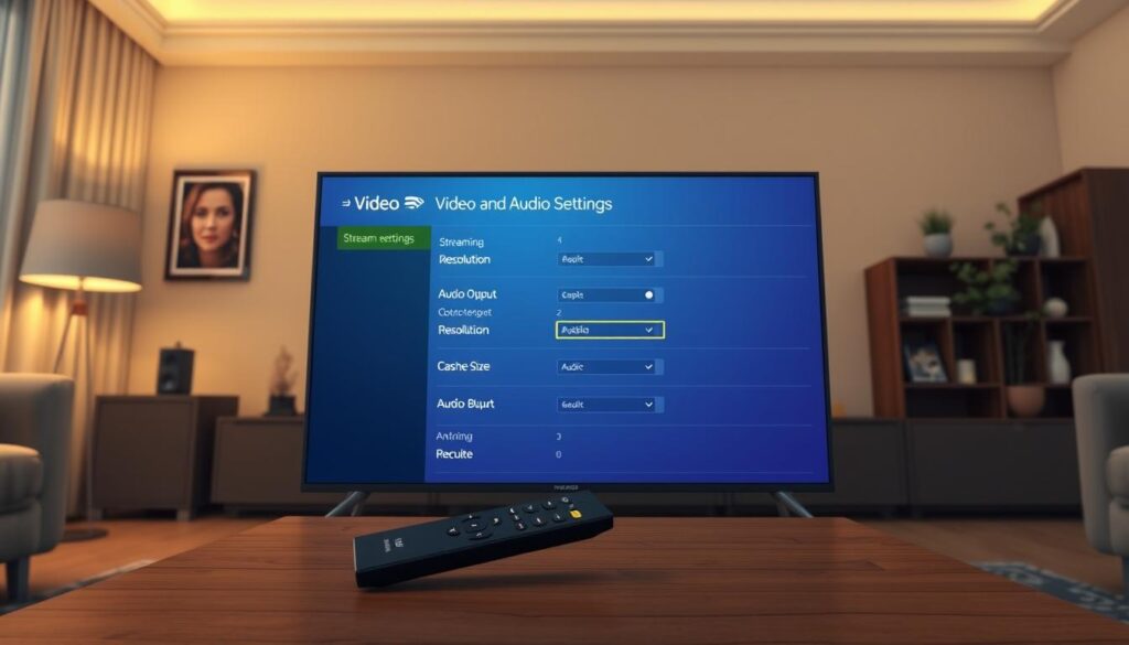 A modern user interface screen showing the "Video and Audio Settings" section for IPTV Smarters on an Nvidia Shield device. In the foreground, display a sleek flat-screen television with vibrant streaming options highlighted, showcasing a clean layout with various settings such as resolution, audio output, and cache size. In the middle ground, include a stylish remote control resting on a wooden coffee table, illustrating the accessibility of the settings. The background features a cozy living room ambiance, softly illuminated by ambient lighting, creating a warm and inviting atmosphere. The angle should provide a slight overhead view, capturing both the television and remote in focus, emphasizing a seamless user experience in optimizing settings for enhanced viewing quality.