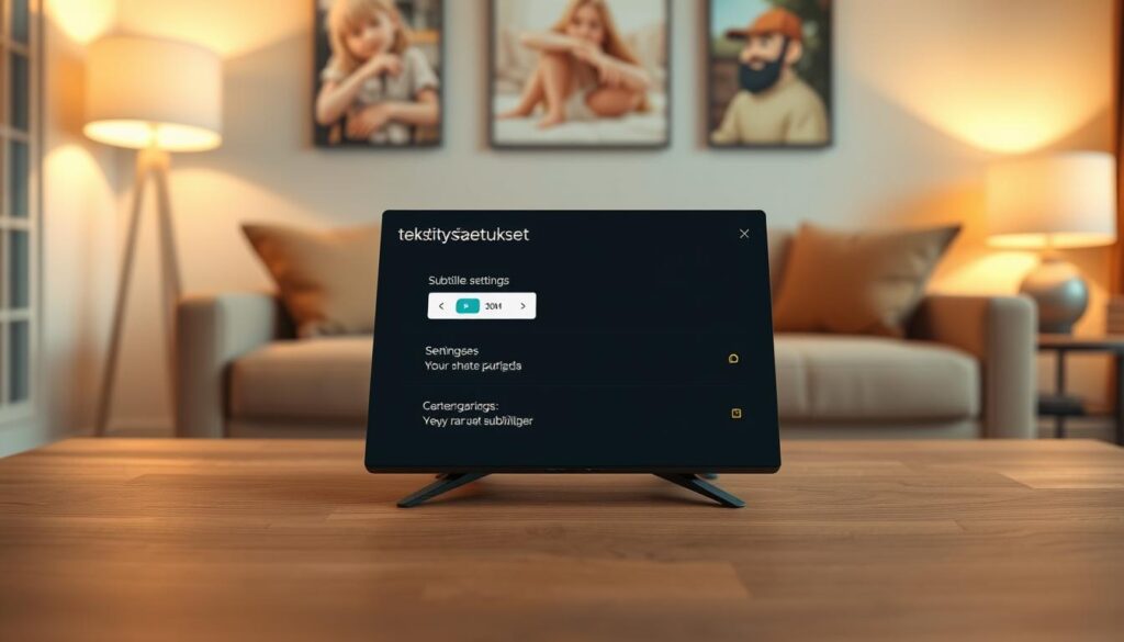 A modern user interface screenshot showcasing "OttPlayer tekstitysasetukset" on a sleek Nvidia Shield device. In the foreground, vivid graphics display settings for subtitles with vivid colors such as teal, white, and yellow, in a clean and minimalistic layout. The middle section features the Nvidia Shield device itself, with its signature black matte finish and modern design, elegantly placed on a stylish wooden table. The background comprises a softly blurred living room setting, creating an inviting atmosphere with warm lighting from a nearby lamp. The overall mood is warm and engaging, illustrating the user-friendly aspect of subtitle settings in OttPlayer. The perspective is a slightly elevated angle, capturing the interface in detail without any overlays or distractions.