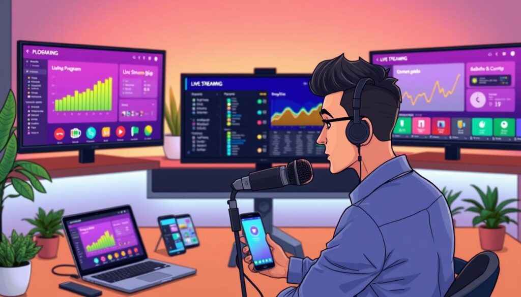 A modern workspace featuring a sleek desktop setup with multiple screens displaying vibrant live streaming analytics and an electronic program guide. In the foreground, a professional individual in smart casual attire is focused intently on the screens with a thoughtful expression, using a high-quality microphone for streaming. The middle layer includes a stylish laptop and a smartphone with streaming applications open. In the background, soft ambient lighting enhances a tech-savvy atmosphere, while a few potted plants add a touch of freshness. The scene is captured from a slightly angled overhead view, showcasing both the setup and the individual, symbolizing a productive live streaming environment. The overall mood is energetic and innovative, emphasizing the excitement of engaging with digital content. A modern workspace featuring a sleek desktop setup with multiple screens displaying vibrant live streaming analytics and an electronic program guide. In the foreground, a professional individual in smart casual attire is focused intently on the screens with a thoughtful expression, using a high-quality microphone for streaming. The middle layer includes a stylish laptop and a smartphone with streaming applications open. In the background, soft ambient lighting enhances a tech-savvy atmosphere, while a few potted plants add a touch of freshness. The scene is captured from a slightly angled overhead view, showcasing both the setup and the individual, symbolizing a productive live streaming environment. The overall mood is energetic and innovative, emphasizing the excitement of engaging with digital content.