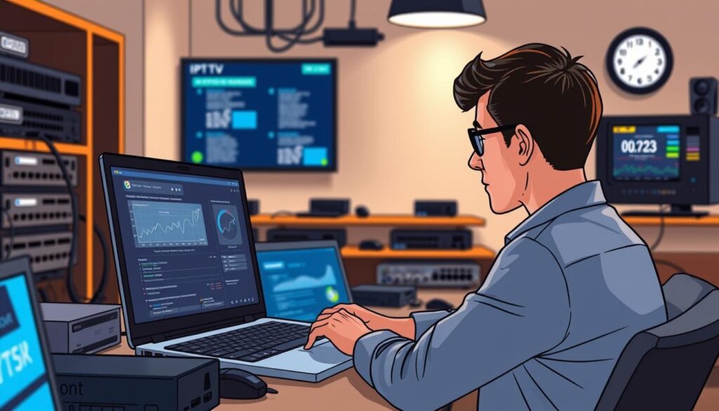 A professional setting featuring a business person intently troubleshooting IPTV performance on a sleek laptop, surrounded by technical equipment like routers and cables. In the foreground, the individual, wearing smart casual attire, is examining a detailed screen displaying network diagnostics and optimization metrics. The middle layer showcases a clutter-free workspace illuminated by soft, focused lighting, enhancing the atmosphere of concentration. In the background, elements like a wall-mounted TV displaying IPTV content and a digital clock create a sense of routine and urgency. The overall mood is one of diligence, expertise, and problem-solving in a modern tech environment, portrayed with a slight depth of field to emphasize the foreground tasks.