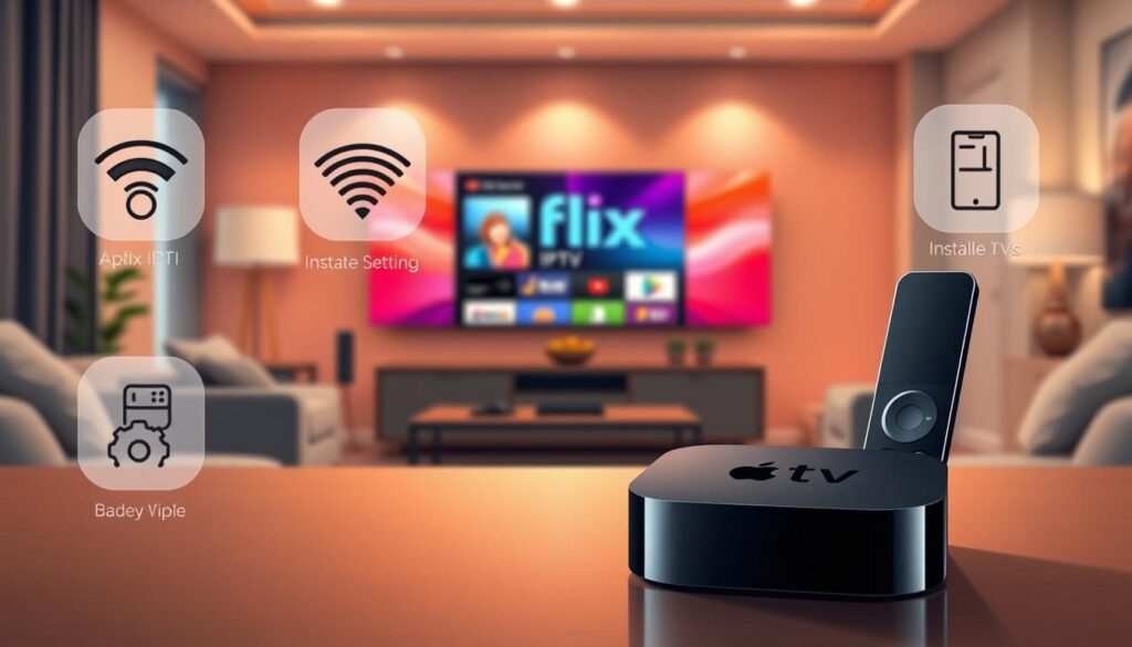A sleek Apple TV device prominently displayed in the foreground, showing its minimalist design and polished surface. Surrounding it are images of the Flix IPTV logo and simplified installation steps, visually represented through icons like a Wi-Fi symbol, a gear for settings, and a remote control. In the middle ground, a cozy living room setting with a comfortable sofa and soft lighting creates a welcoming atmosphere. The background features a large television screen displaying the Flix IPTV interface, with vibrant colors and clear graphics that draw the eye. The overall mood is modern and tech-savvy, evoking an easy and enjoyable streaming experience. The composition should have a balanced focus and warm lighting to enhance the inviting ambiance.