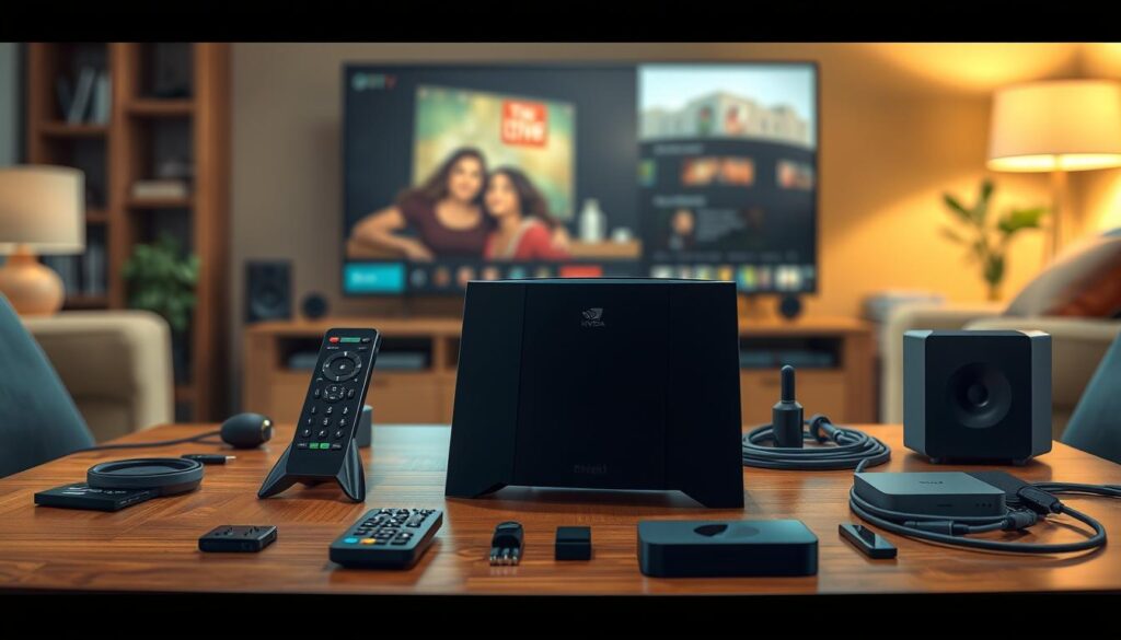 A sleek Nvidia Shield console prominently displayed on a polished wooden table, surrounded by an organized setup of various tech gadgets and accessories, such as a remote control, HDMI cables, and a compact sound system. The room is warmly lit, creating a cozy atmosphere with soft ambient light reflecting off the surfaces. In the background, a large flat-screen TV is partially visible, suggesting a modern home entertainment system. The scene exudes a sense of preparation and eagerness for setting up SS IPTV. Utilize a shallow depth of field to focus sharply on the console and surrounding items, with gently blurred furnishings in the background, enhancing the focus on the meticulous organization of the tech setup.