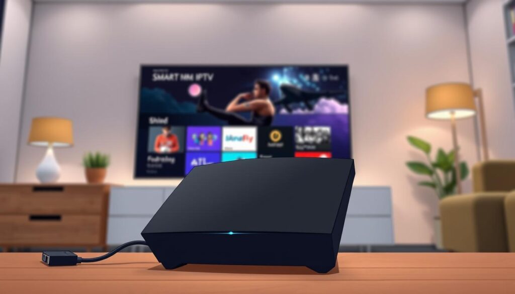 A sleek Nvidia Shield device prominently displayed in the foreground, showcasing its elegant design with smooth curves and modern aesthetics. To the left, various connection ports such as HDMI, USB, and Ethernet are visible, emphasizing its connectivity capabilities. In the middle, a smart TV displays vibrant graphics, indicating an interface for Smart IPTV, subtly reflecting its functionality. The background features a modern living room setting filled with soft ambient lighting, providing a cozy atmosphere. The camera angle is slightly above eye level, focusing on the device and connections while blurring the background for depth. The overall mood is tech-savvy and inviting, perfect for illustrating the importance of checking hardware and connections in a home entertainment setup.