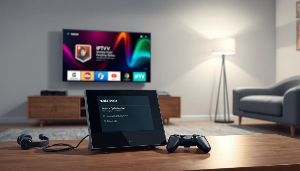 A sleek Nvidia Shield device set up in a modern living room, displaying the network optimization interface on its screen. The foreground features the Nvidia Shield prominently positioned on a stylish media console, with a pair of wireless headphones and a game controller nearby, suggesting an interactive experience. The middle area shows a wall-mounted television with vibrant colors reflecting the IPTV content. The background includes soft lighting from a floor lamp, creating a cozy atmosphere with minimalistic decor. Capture the scene from a slightly elevated angle, focusing on the device and screen while ensuring a clean, uncluttered environment. The mood is inviting and tech-savvy, emphasizing readiness and optimization for streaming. A sleek Nvidia Shield device set up in a modern living room, displaying the network optimization interface on its screen. The foreground features the Nvidia Shield prominently positioned on a stylish media console, with a pair of wireless headphones and a game controller nearby, suggesting an interactive experience. The middle area shows a wall-mounted television with vibrant colors reflecting the IPTV content. The background includes soft lighting from a floor lamp, creating a cozy atmosphere with minimalistic decor. Capture the scene from a slightly elevated angle, focusing on the device and screen while ensuring a clean, uncluttered environment. The mood is inviting and tech-savvy, emphasizing readiness and optimization for streaming.