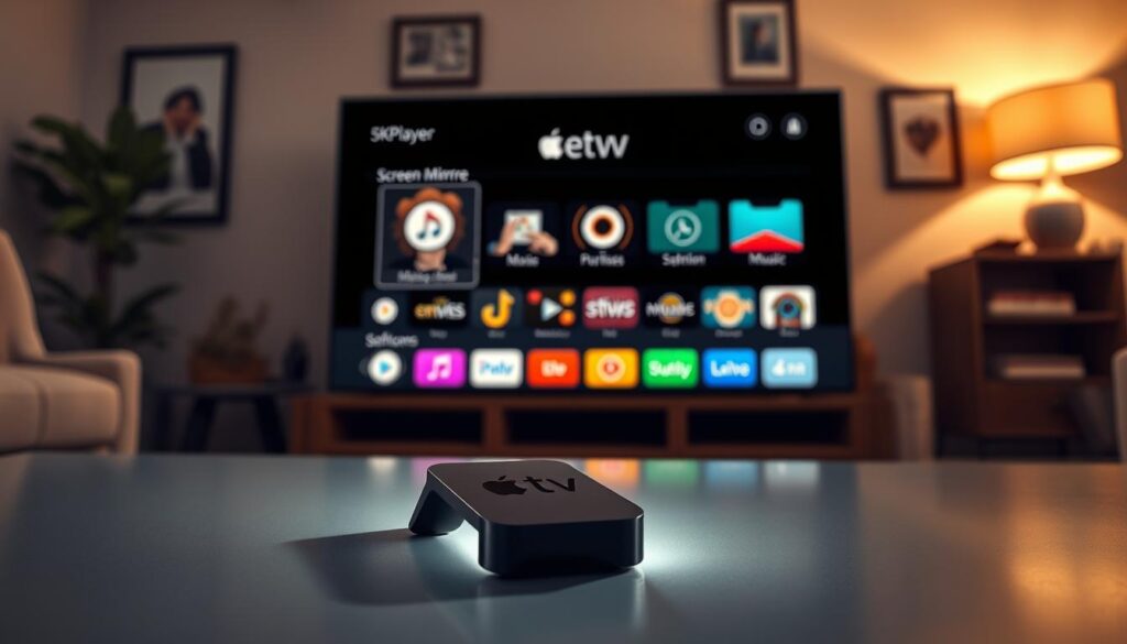 A sleek and modern 5KPlayer user interface displayed on an Apple TV screen, set in a cozy, contemporary living room. In the foreground, focus on the Apple TV remote control resting on a stylish coffee table, with a soft light reflecting off its surface. In the middle, the large TV screen shows the 5KPlayer interface with vibrant, colorful icons representing different media types, such as movies, music, and screen mirroring options. The background features a comfortable sofa and decorative elements, enhancing the home environment. Soft, warm lighting creates an inviting atmosphere, accentuating the elegance of the setup. Angle the scene slightly from above to capture the interface and the cozy ambiance effectively. A sleek and modern 5KPlayer user interface displayed on an Apple TV screen, set in a cozy, contemporary living room. In the foreground, focus on the Apple TV remote control resting on a stylish coffee table, with a soft light reflecting off its surface. In the middle, the large TV screen shows the 5KPlayer interface with vibrant, colorful icons representing different media types, such as movies, music, and screen mirroring options. The background features a comfortable sofa and decorative elements, enhancing the home environment. Soft, warm lighting creates an inviting atmosphere, accentuating the elegance of the setup. Angle the scene slightly from above to capture the interface and the cozy ambiance effectively.