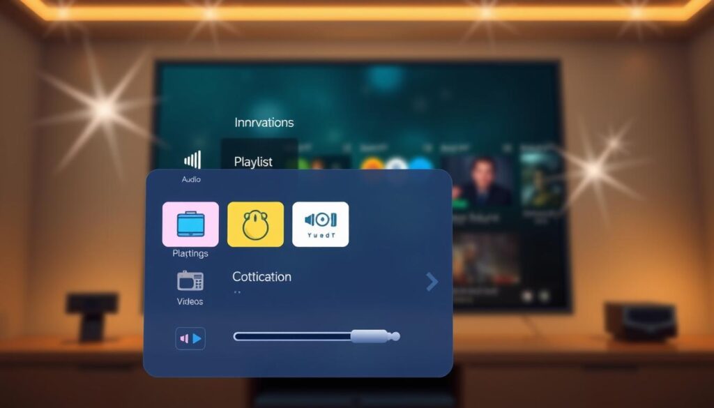 A sleek and modern digital interface of the IBO Player Pro settings, prominently featuring the playlist configuration options. In the foreground, a close-up view of a user-friendly interface with vibrant icons for IPTV settings, buttons for audio and video configuration, and a sleek scroll bar. The middle layer includes a stylized representation of a television screen displaying high-definition video content, symbolizing seamless IPTV streaming. In the background, soft bokeh effects create an ambient glow, evoking a high-tech atmosphere. The lighting is warm and inviting yet sophisticated, with lens flares illuminating the screen. The overall mood conveys innovation and ease of use, ideal for enhancing the viewer's understanding of IPTV applications.