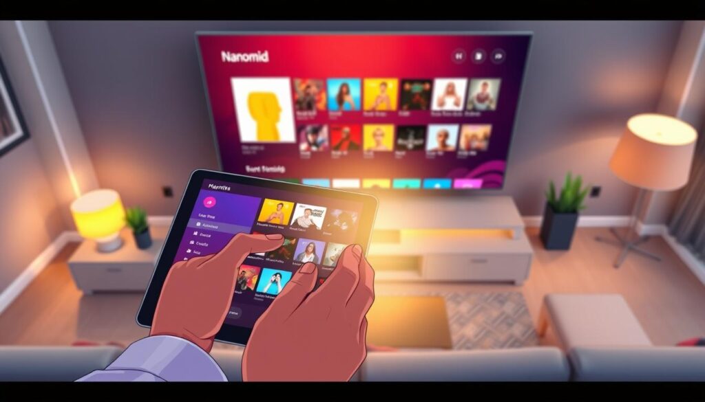 A sleek and modern digital interface showcasing the "Nanomid Player" application specifically designed for managing playlists on the Nvidia Shield. In the foreground, a close-up of a user’s hands interacting with a tablet, featuring vibrant menu options and visually appealing album art. The middle layer includes a subtle glow emanating from the screen, enhancing the focus on the interface. The background shows a stylish living room setting with a large screen displaying the Nvidia Shield interface, creating a tech-savvy atmosphere. Soft ambient lighting highlights the scene, providing a warm and inviting feel. The composition should be captured from an overhead angle to emphasize the interaction and the user-friendly design of the application. The overall mood is engaging and modern, reflecting the ease of use and control the application offers. A sleek and modern digital interface showcasing the "Nanomid Player" application specifically designed for managing playlists on the Nvidia Shield. In the foreground, a close-up of a user’s hands interacting with a tablet, featuring vibrant menu options and visually appealing album art. The middle layer includes a subtle glow emanating from the screen, enhancing the focus on the interface. The background shows a stylish living room setting with a large screen displaying the Nvidia Shield interface, creating a tech-savvy atmosphere. Soft ambient lighting highlights the scene, providing a warm and inviting feel. The composition should be captured from an overhead angle to emphasize the interaction and the user-friendly design of the application. The overall mood is engaging and modern, reflecting the ease of use and control the application offers.