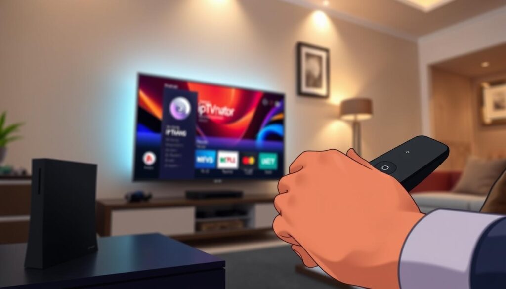 A sleek living room setting featuring an NVIDIA Shield streaming device prominently connected to a modern television. In the foreground, a close-up of a user’s hands, elegantly tapping the remote control as they navigate the iptvnator installation process. The middle area showcases an on-screen display of the iptvnator interface with vivid colors and icons that represent streaming options. The background is a well-decorated wall with soft ambient lighting that gives a cozy, tech-savvy atmosphere. The scene is captured with a slight low angle to emphasize the user’s interaction with the device, creating an engaging, informative mood that reflects a tech-centric lifestyle.