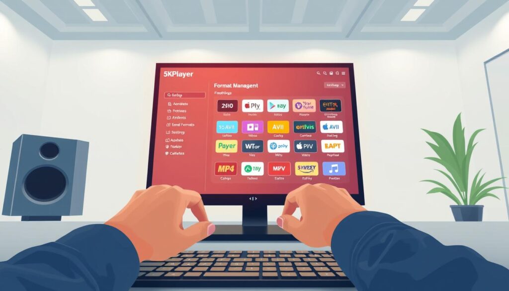 A sleek, modern digital workstation featuring a computer screen displaying the 5KPlayer interface with a focus on format management. In the foreground, include a pair of professional hands adjusting settings on a keyboard. The middle ground should reveal the computer monitor brightly lit, showcasing a vivid, user-friendly design filled with media format options like MP4, AVI, and MKV icons. The background could be a minimalistic office environment, with soft, ambient lighting that creates a calm and productive atmosphere. Use a slightly elevated angle to capture the scene, emphasizing the tech-savvy nature of the workspace. The overall mood should reflect an innovative and efficient approach to managing media formats, embodying a professional yet approachable feel. A sleek, modern digital workstation featuring a computer screen displaying the 5KPlayer interface with a focus on format management. In the foreground, include a pair of professional hands adjusting settings on a keyboard. The middle ground should reveal the computer monitor brightly lit, showcasing a vivid, user-friendly design filled with media format options like MP4, AVI, and MKV icons. The background could be a minimalistic office environment, with soft, ambient lighting that creates a calm and productive atmosphere. Use a slightly elevated angle to capture the scene, emphasizing the tech-savvy nature of the workspace. The overall mood should reflect an innovative and efficient approach to managing media formats, embodying a professional yet approachable feel.