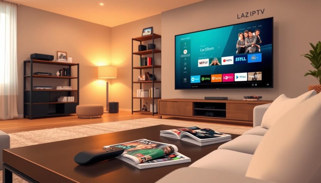 A sleek, modern living room featuring a large TV screen displaying the Lazy IPTV interface on an Nvidia Shield. In the foreground, a stylish coffee table with a remote control and a few modern magazines. In the middle, a cozy sofa with plush cushions, inviting relaxation. The background showcases a contemporary bookshelf filled with tech gadgets and decorative items. Soft, ambient lighting casts a warm glow, creating a welcoming atmosphere. The angle captures the room from a slight bird’s eye view, emphasizing both the technology and the comfort of the space. The mood is casual yet sophisticated, perfect for illustrating the integration of technology into everyday life.