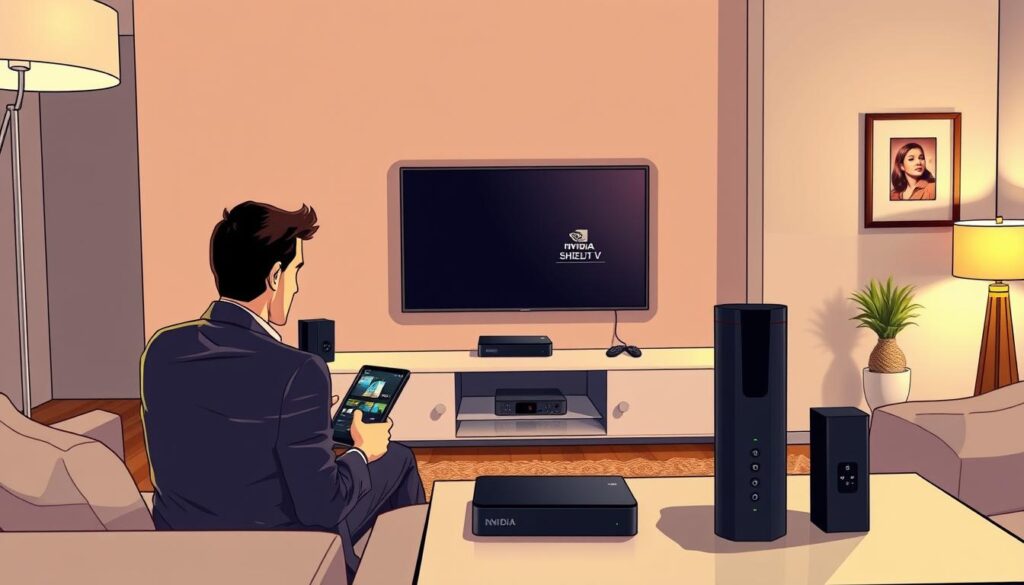 A sleek, modern living room featuring a prominently displayed NVIDIA Shield TV connected to a large flat-screen TV. In the foreground, an attentive person in professional business attire sits on a comfortable couch, focused on a tablet displaying an IPTV installation interface. The ambiance is warm and inviting, with soft lighting cascading from elegant lamps. In the middle, the NVIDIA Shield sits stylishly on a minimalist entertainment unit, alongside a remote control and a few neatly organized streaming device accessories. The background reveals a tastefully decorated wall with framed art, enhancing the contemporary feel. Capture this scene from a slightly elevated angle, showcasing both the person’s concentration and the technology involved in installing IPTV applications. The overall mood is engaging and tech-savvy, reflecting the excitement of modern home entertainment.
