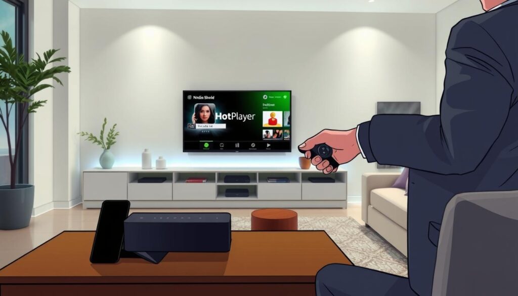 A sleek, modern living room featuring an Nvidia Shield device prominently displayed on a stylish media console. In the foreground, a person dressed in professional business attire is using a remote control to navigate the HotPlayer app on the Nvidia Shield. The room is well-lit, showcasing a bright atmosphere with soft ambient lighting, enhancing the tech-friendly vibe. In the background, a large flat-screen TV displays the HotPlayer interface, with a cozy couch and decorative elements around. The angle captures both the device and user interaction, invoking a sense of ease and sophistication. The overall mood is inviting and tech-savvy, aimed at demonstrating the installation process of HotPlayer.