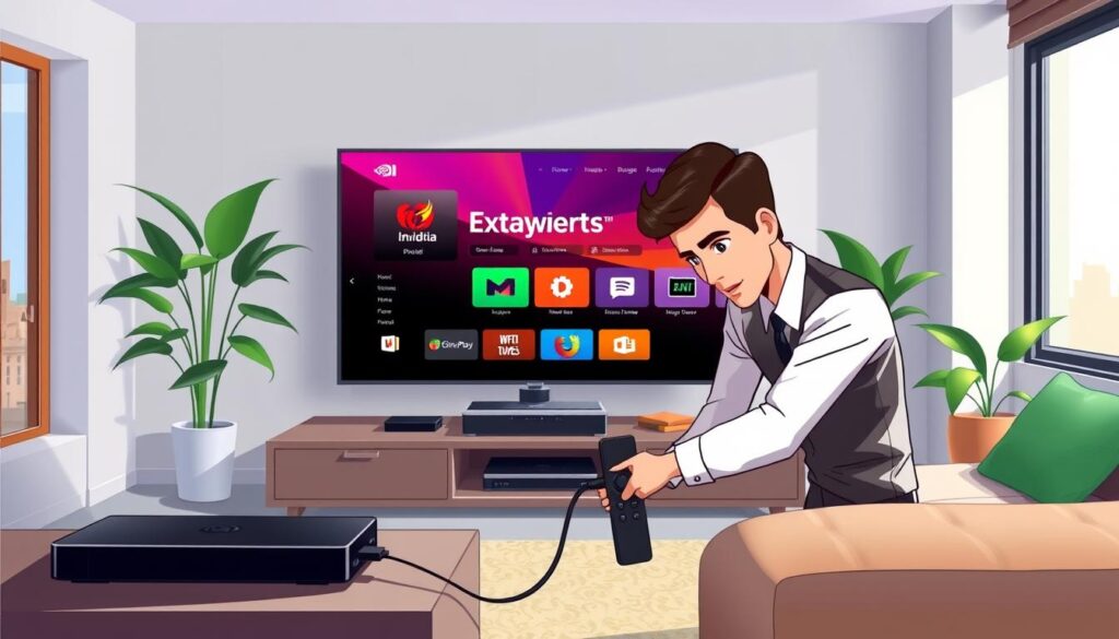 A sleek, modern living room setting showcasing the process of installing HotPlayer on an Nvidia Shield. In the foreground, a technician in a professional outfit is focused on connecting cables to the Nvidia Shield device, which sits on a stylish entertainment center. The middle ground highlights a large flat-screen TV displaying the HotPlayer interface, with vibrant colors and a user-friendly layout. The background features a cozy environment with soft lighting, accentuating a contemporary design with plants and decorative items. The overall atmosphere is professional yet inviting, emphasizing a hands-on installation experience. The scene should be captured from a slightly elevated angle to provide a clear view of the installation process while maintaining a warm and informative mood.
