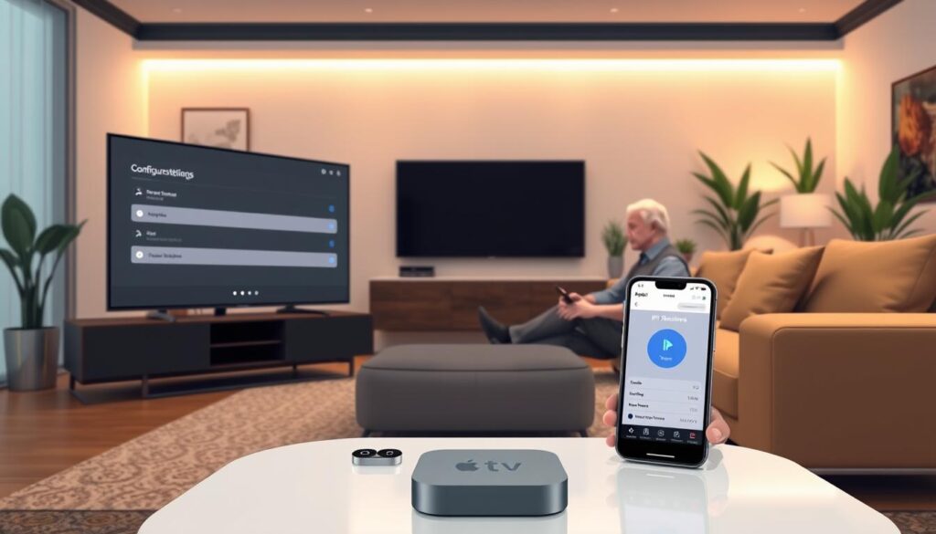 A sleek, modern living room showcasing an Apple TV interface displaying the IPTV Smarters configuration settings. In the foreground, a stylish coffee table with a remote control and a smartphone nearby, featuring the IPTV Smarters app open. The middle layer includes a comfortable couch with a user, a middle-aged person dressed in smart casual clothing, attentively interacting with the Apple TV. The background features a softly lit room with warm ambient lighting, accentuated by decorative plants and a wall-mounted television. The mood is focused and inviting, conveying a sense of ease in setting up technology. The scene is captured with a slightly elevated angle, emphasizing the interaction with the digital interface.