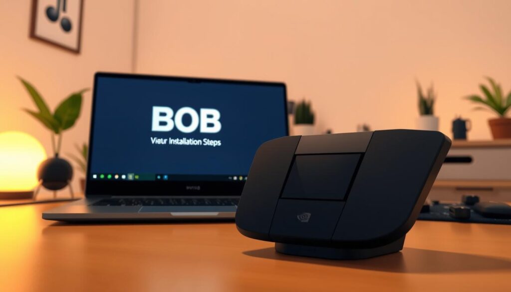 A sleek, modern workspace featuring a high-end NVIDIA Shield and a laptop displaying the BOB player logo on its screen. In the foreground, the NVIDIA Shield is prominently positioned, showcasing its distinctive design, while in the middle ground, the laptop screen glows with installation steps, providing a tech-savvy feel. The background includes a softly lit room with minimalistic decor, emphasizing a clean and focused atmosphere. Warm lighting creates a welcoming ambiance, highlighting the devices' sleek contours. Capture this scene with a close-up angle to emphasize the installation process, fostering a sense of engagement and clarity. The overall mood is innovative and inspiring, ideal for tech enthusiasts. A sleek, modern workspace featuring a high-end NVIDIA Shield and a laptop displaying the BOB player logo on its screen. In the foreground, the NVIDIA Shield is prominently positioned, showcasing its distinctive design, while in the middle ground, the laptop screen glows with installation steps, providing a tech-savvy feel. The background includes a softly lit room with minimalistic decor, emphasizing a clean and focused atmosphere. Warm lighting creates a welcoming ambiance, highlighting the devices' sleek contours. Capture this scene with a close-up angle to emphasize the installation process, fostering a sense of engagement and clarity. The overall mood is innovative and inspiring, ideal for tech enthusiasts.