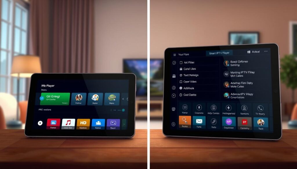 A split-screen composition showcasing a detailed comparison between the GSE Smart IPTV Player and its PRO versions. On the left, the GSE Smart IPTV Player interface, with a sleek and modern design, displaying a user-friendly menu on a digital screen. On the right, the PRO version interface, featuring advanced options and additional features prominently displayed. The foreground includes two tablets side by side for direct comparison. The middle ground features subtle icons representing streaming content and functionalities, creating an engaging visual narrative. The background is soft-focused, suggesting a cozy living room environment with dim, warm lighting, evoking a comfortable home-viewing atmosphere. The overall mood is informative and professional, ideal for a tech-savvy audience, captured from a slightly elevated angle to emphasize the detail in the interfaces. A split-screen composition showcasing a detailed comparison between the GSE Smart IPTV Player and its PRO versions. On the left, the GSE Smart IPTV Player interface, with a sleek and modern design, displaying a user-friendly menu on a digital screen. On the right, the PRO version interface, featuring advanced options and additional features prominently displayed. The foreground includes two tablets side by side for direct comparison. The middle ground features subtle icons representing streaming content and functionalities, creating an engaging visual narrative. The background is soft-focused, suggesting a cozy living room environment with dim, warm lighting, evoking a comfortable home-viewing atmosphere. The overall mood is informative and professional, ideal for a tech-savvy audience, captured from a slightly elevated angle to emphasize the detail in the interfaces.