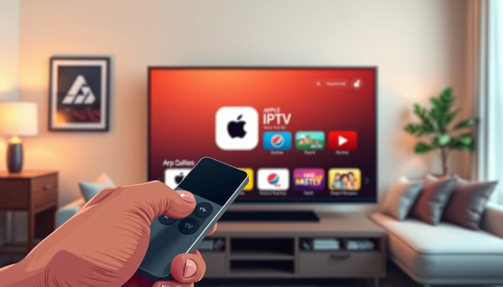 A vibrant and detailed depiction of an Apple TV screen showcasing the SS IPTV app selection interface on the App Store. In the foreground, focus on the sleek Apple TV remote in a casual hand, highlighting its touch surface. The middle ground captures the Apple TV screen displaying a user-friendly interface with colorful app icons, prominently featuring the SS IPTV logo. Surrounding the screen, include subtle reflections of a modern living room environment with soft, warm lighting adding a cozy atmosphere. In the background, a stylish, soft-focus couch complements the scene, suggesting a homely setting. The image should convey a sense of ease and inviting usability, emphasizing the process of navigating and installing IPTV applications.