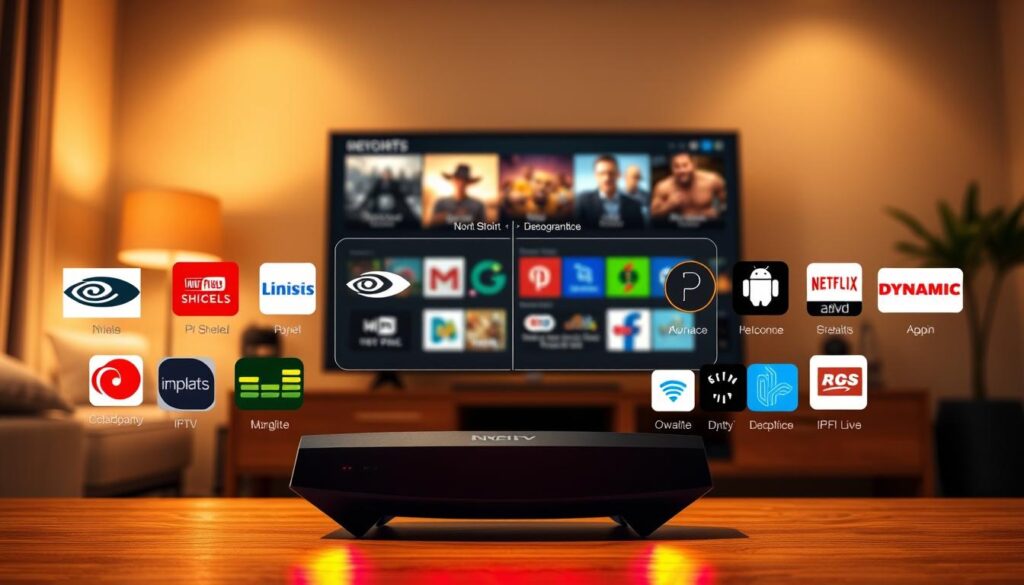 A visually striking comparison of the Nvidia Shield and IPTV applications, featuring a well-organized layout. In the foreground, showcase a sleek Nvidia Shield device with illuminated LED lights, surrounded by logos of popular IPTV apps in a vibrant color scheme. In the middle, display a side-by-side comparison, highlighting key features of each application with engaging graphics and subtle animations. In the background, create a soft-focus home entertainment setting with a large television screen displaying dynamic streaming content. The lighting should be warm and inviting, reminiscent of a cozy living room atmosphere. Use a slight tilt angle to enhance depth and create a modern tech vibe, emphasizing innovation and convenience in home entertainment.