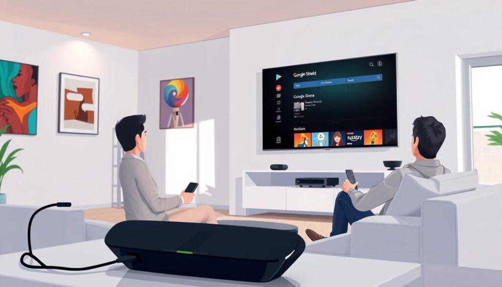 A vivid scene illustrating the process of installing a television app through the Google Play Store on an Nvidia Shield device. In the foreground, a white modern living room features a sleek Nvidia Shield connected to a large flat-screen TV, displaying the Google Play Store interface. A person in casual but professional clothing sits on a comfortable sofa, holding a remote, focused on the screen. In the middle ground, soft ambient lighting highlights the room's modern decor, showcasing vibrant wall art and a stylish bookshelf. In the background, a subtle window casts natural light, enhancing the warm, inviting atmosphere. The composition captures a sense of efficiency and ease in the installation process, with an emphasis on a tidy, contemporary aesthetic. A vivid scene illustrating the process of installing a television app through the Google Play Store on an Nvidia Shield device. In the foreground, a white modern living room features a sleek Nvidia Shield connected to a large flat-screen TV, displaying the Google Play Store interface. A person in casual but professional clothing sits on a comfortable sofa, holding a remote, focused on the screen. In the middle ground, soft ambient lighting highlights the room's modern decor, showcasing vibrant wall art and a stylish bookshelf. In the background, a subtle window casts natural light, enhancing the warm, inviting atmosphere. The composition captures a sense of efficiency and ease in the installation process, with an emphasis on a tidy, contemporary aesthetic.