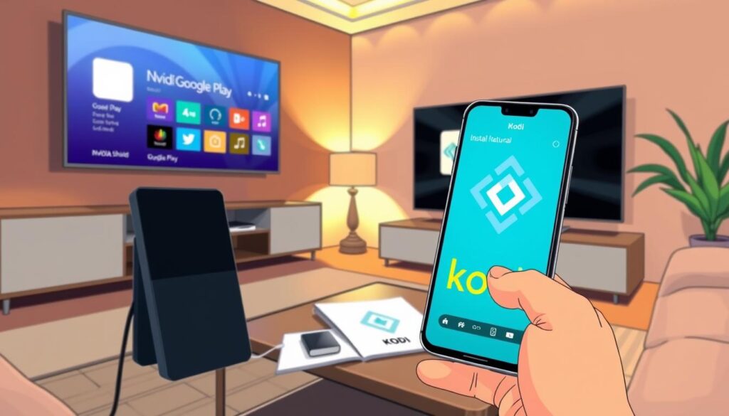 An elegant living room featuring a modern Nvidia Shield device connected to a large flat-screen TV displaying the Google Play interface. In the foreground, a hand is holding a smartphone, showing the Kodi app in vivid colors, symbolizing installation instructions. The middle ground includes a stylish coffee table with a user manual and vibrant Kodi logo, while the background showcases a cozy setting with soft ambient lighting creating a warm atmosphere. The lens perspective is slightly angled, giving depth to the scene. Ensure the colors are bright and inviting, reflecting a tech-savvy lifestyle. The mood is informative yet casual, appealing to readers looking to enhance their home entertainment experience. An elegant living room featuring a modern Nvidia Shield device connected to a large flat-screen TV displaying the Google Play interface. In the foreground, a hand is holding a smartphone, showing the Kodi app in vivid colors, symbolizing installation instructions. The middle ground includes a stylish coffee table with a user manual and vibrant Kodi logo, while the background showcases a cozy setting with soft ambient lighting creating a warm atmosphere. The lens perspective is slightly angled, giving depth to the scene. Ensure the colors are bright and inviting, reflecting a tech-savvy lifestyle. The mood is informative yet casual, appealing to readers looking to enhance their home entertainment experience.