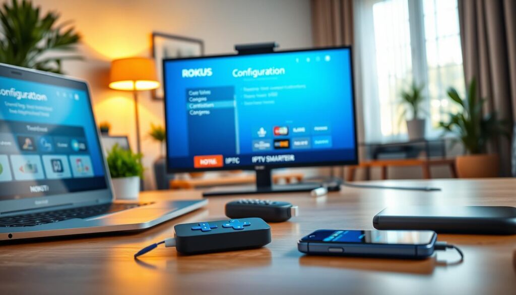 An elegantly arranged desk workspace focusing on a Roku streaming device, showing the IPTV Smarters app configuration process on a vibrant television screen. The scene features a modern aesthetic with a soft-focus background of domestic décor, including plants and minimalistic furniture. The foreground captures a laptop displaying configuration steps with clear UI elements, while a smartphone lies next to it, indicating the app's mobile interface. Warm, natural lighting fills the space, adding a cozy atmosphere. The angle is slightly tilted to give a dynamic view of the setup, emphasizing both technology and user interaction. All devices and screens should reflect clarity and professionalism, with no text or logos visible.