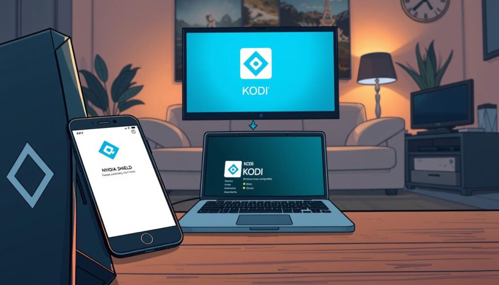 An illustration of the process of sideloading Kodi onto an Nvidia Shield. In the foreground, show a close-up of an Nvidia Shield device with its sleek design and distinctive logo, angled slightly to the left. In the middle area, display a detailed smartphone screen with a visual of the Kodi app being transferred, and a laptop open nearby showing a file explorer interface highlighting the Kodi APK file. The background should feature a cozy living room setting, illuminated by warm ambient lighting, creating a relaxed atmosphere. Soft shadows should enhance the depth of the scene. The overall mood is technical yet inviting, appealing to a viewer eager to explore Kodi's features. An illustration of the process of sideloading Kodi onto an Nvidia Shield. In the foreground, show a close-up of an Nvidia Shield device with its sleek design and distinctive logo, angled slightly to the left. In the middle area, display a detailed smartphone screen with a visual of the Kodi app being transferred, and a laptop open nearby showing a file explorer interface highlighting the Kodi APK file. The background should feature a cozy living room setting, illuminated by warm ambient lighting, creating a relaxed atmosphere. Soft shadows should enhance the depth of the scene. The overall mood is technical yet inviting, appealing to a viewer eager to explore Kodi's features.