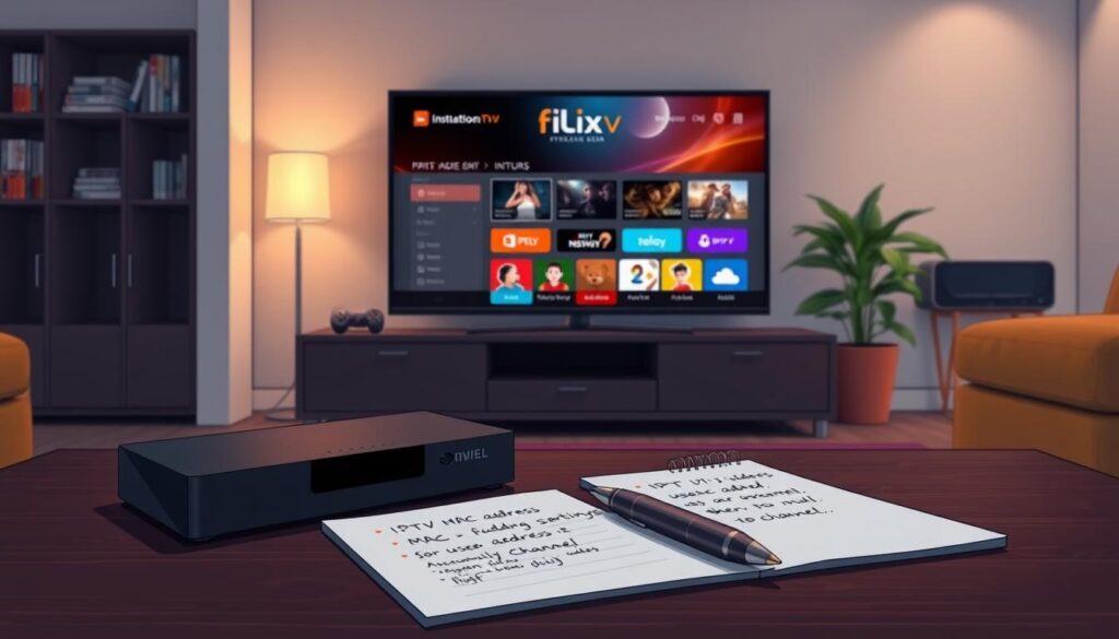 An image depicting a modern, sleek living room setting, featuring an Nvidia Shield streaming device prominently displayed on a coffee table. In the foreground, there’s a notepad and a pen, with technical notes on IPTV MAC address settings visible. The middle ground showcases a large flat-screen TV displaying a user-friendly interface of Flix IPTV, demonstrating channel options. Soft ambient lighting creates a cozy atmosphere, while a potted plant adds a touch of greenery to the scene. The background features a well-organized media cabinet with DVDs and gaming equipment, ensuring a clean and professional aesthetic. The image conveys a sense of tutorial clarity, focusing on the installation process step by step, with a hint of inviting warmth in the room.