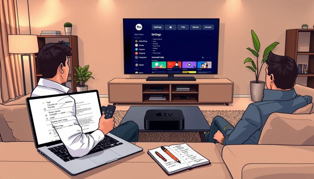 An informative scene depicting a modern, sleek living room with a large Apple TV displaying the Flix IPTV interface on screen. In the foreground, a person in smart casual attire is seated on a comfortable couch, using a remote control to navigate settings. The middle section features a stylish coffee table with a laptop showcasing the Flix IPTV installation guide beside a notebook with handwritten notes. In the background, soft ambient lighting creates a warm atmosphere, with a decorative bookshelf and plants. The camera angle provides a perspective that highlights both the Apple TV screen and the engaged user, conveying a sense of tech-savvy comfort and ease. The overall mood is relaxed yet focused, illustrating the theme of settings and features for a seamless streaming experience.
