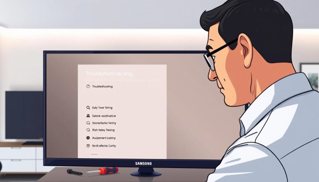 A close-up of a Samsung Smart TV displaying a troubleshooting menu, with a technician in professional attire examining the screen. The technician, a middle-aged person with short black hair, looks focused and thoughtful. In the background, a modern living room with soft ambient lighting creates a calm atmosphere. On a nearby table, a few tools like a screwdriver and a multi-meter are visible, suggesting a technical setup. The walls are adorned with sleek, minimalist decor, adding to the contemporary feel of the scene. The angle is slightly elevated, providing a clear view of both the TV and the technician's engaged expression, emphasizing the theme of installation issues and troubleshooting in a friendly, professional context. A close-up of a Samsung Smart TV displaying a troubleshooting menu, with a technician in professional attire examining the screen. The technician, a middle-aged person with short black hair, looks focused and thoughtful. In the background, a modern living room with soft ambient lighting creates a calm atmosphere. On a nearby table, a few tools like a screwdriver and a multi-meter are visible, suggesting a technical setup. The walls are adorned with sleek, minimalist decor, adding to the contemporary feel of the scene. The angle is slightly elevated, providing a clear view of both the TV and the technician's engaged expression, emphasizing the theme of installation issues and troubleshooting in a friendly, professional context.