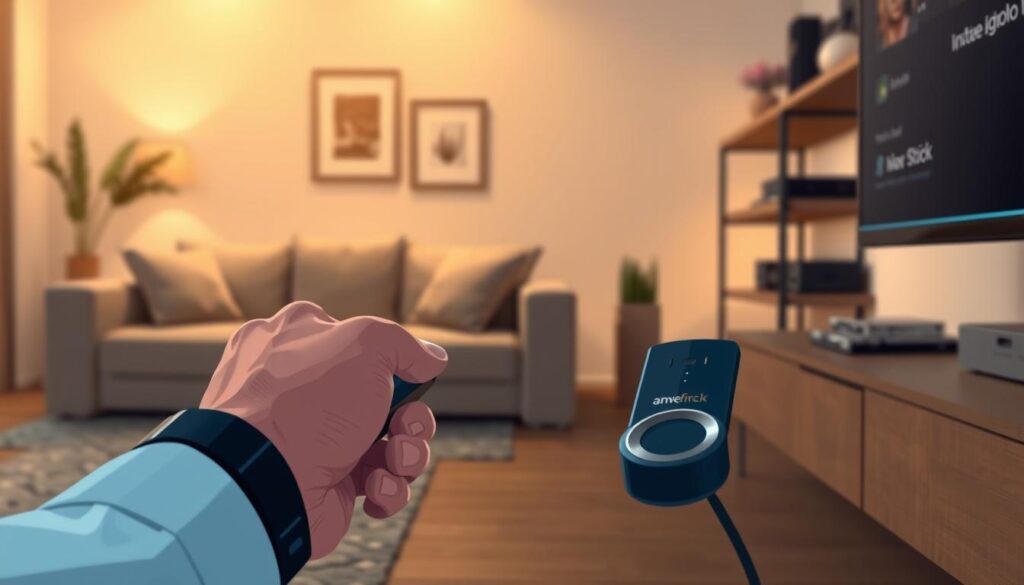 A close-up of a sleek Amazon Fire Stick plugged into a modern TV, with a visible user interface displaying troubleshooting options. In the foreground, a hand wearing a smart watch is reaching towards the TV remote, poised to make a selection. The middle ground features an illuminated living room, with soft warm lighting highlighting a stylish sofa and decorative elements. In the background, a faint silhouette of a neatly organized shelf with tech gadgets. The mood is calm yet focused, reflecting a problem-solving atmosphere. The composition is shot from a slightly low angle to emphasize the device, with a shallow depth of field to highlight the Fire Stick while softly blurring the background elements. A close-up of a sleek Amazon Fire Stick plugged into a modern TV, with a visible user interface displaying troubleshooting options. In the foreground, a hand wearing a smart watch is reaching towards the TV remote, poised to make a selection. The middle ground features an illuminated living room, with soft warm lighting highlighting a stylish sofa and decorative elements. In the background, a faint silhouette of a neatly organized shelf with tech gadgets. The mood is calm yet focused, reflecting a problem-solving atmosphere. The composition is shot from a slightly low angle to emphasize the device, with a shallow depth of field to highlight the Fire Stick while softly blurring the background elements.