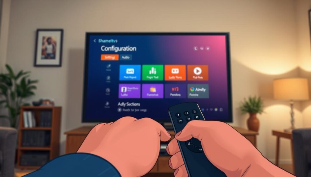 A close-up view of a TV screen displaying the Shameltv application configuration settings. In the foreground, soft-lit hands are interacting with a remote control, highlighting the process of adjusting settings. The middle area showcases a vibrant, colorful interface of the Shameltv app, with icons for configuration options like audio, video, and parental controls. In the background, a cozy living room with subtle, ambient lighting creates a welcoming atmosphere, adding warmth and focus to the scene. The camera angle is slightly tilted downwards to capture the interaction with the remote and the screen simultaneously. The overall mood is informative and approachable, encouraging viewers to engage with the application setup process for their Firestick. A close-up view of a TV screen displaying the Shameltv application configuration settings. In the foreground, soft-lit hands are interacting with a remote control, highlighting the process of adjusting settings. The middle area showcases a vibrant, colorful interface of the Shameltv app, with icons for configuration options like audio, video, and parental controls. In the background, a cozy living room with subtle, ambient lighting creates a welcoming atmosphere, adding warmth and focus to the scene. The camera angle is slightly tilted downwards to capture the interaction with the remote and the screen simultaneously. The overall mood is informative and approachable, encouraging viewers to engage with the application setup process for their Firestick.