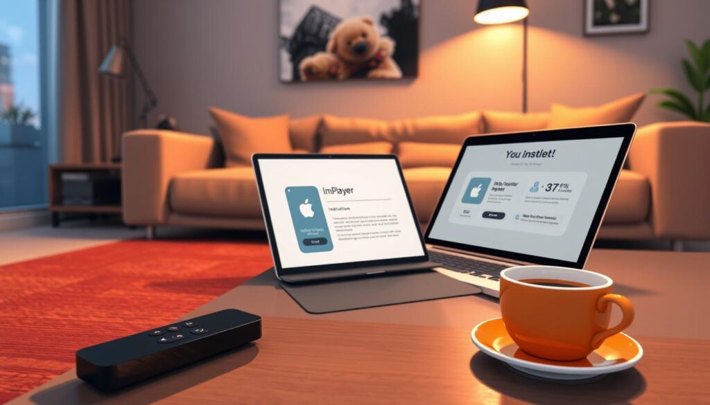 A close-up view of a modern living room featuring an Apple TV prominently displayed, showing the ImPlayer app installation screen. The foreground includes a sleek remote control next to the Apple TV, highlighting its premium design. In the middle ground, a stylish coffee table has an open laptop displaying a step-by-step guide for installation, with a warm cup of coffee beside it. The background features a cozy sofa and soft overhead lighting creating a relaxed atmosphere, enhancing the tech-savvy vibe. The room should feel inviting and contemporary, with soft shadows and a focus on the devices, evoking a sense of ease in setting up streaming services. A close-up view of a modern living room featuring an Apple TV prominently displayed, showing the ImPlayer app installation screen. The foreground includes a sleek remote control next to the Apple TV, highlighting its premium design. In the middle ground, a stylish coffee table has an open laptop displaying a step-by-step guide for installation, with a warm cup of coffee beside it. The background features a cozy sofa and soft overhead lighting creating a relaxed atmosphere, enhancing the tech-savvy vibe. The room should feel inviting and contemporary, with soft shadows and a focus on the devices, evoking a sense of ease in setting up streaming services.