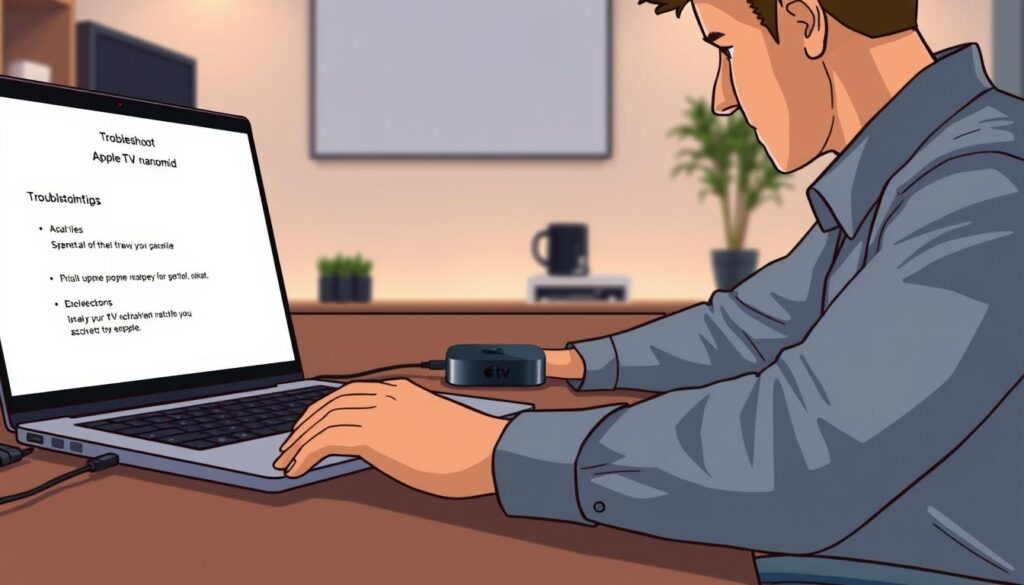 A close-up view of a person troubleshooting an Apple TV nanomid installation, sitting at a stylish, modern desk. The foreground features a laptop screen displaying troubleshooting tips, while the person, dressed in professional business attire, is engaged and focused on the task. In the middle, a sleek Apple TV device is prominently visible, with cables and connections subtly arranged. The background includes soft ambient lighting, with minimalistic decor highlighting a tech-savvy environment. The atmosphere is calm and efficient, instilling a sense of professionalism and diligence, with shadows softly cast to emphasize the scene's depth. The angle is slightly overhead, capturing the tools and resources laid out for effective troubleshooting. A close-up view of a person troubleshooting an Apple TV nanomid installation, sitting at a stylish, modern desk. The foreground features a laptop screen displaying troubleshooting tips, while the person, dressed in professional business attire, is engaged and focused on the task. In the middle, a sleek Apple TV device is prominently visible, with cables and connections subtly arranged. The background includes soft ambient lighting, with minimalistic decor highlighting a tech-savvy environment. The atmosphere is calm and efficient, instilling a sense of professionalism and diligence, with shadows softly cast to emphasize the scene's depth. The angle is slightly overhead, capturing the tools and resources laid out for effective troubleshooting.