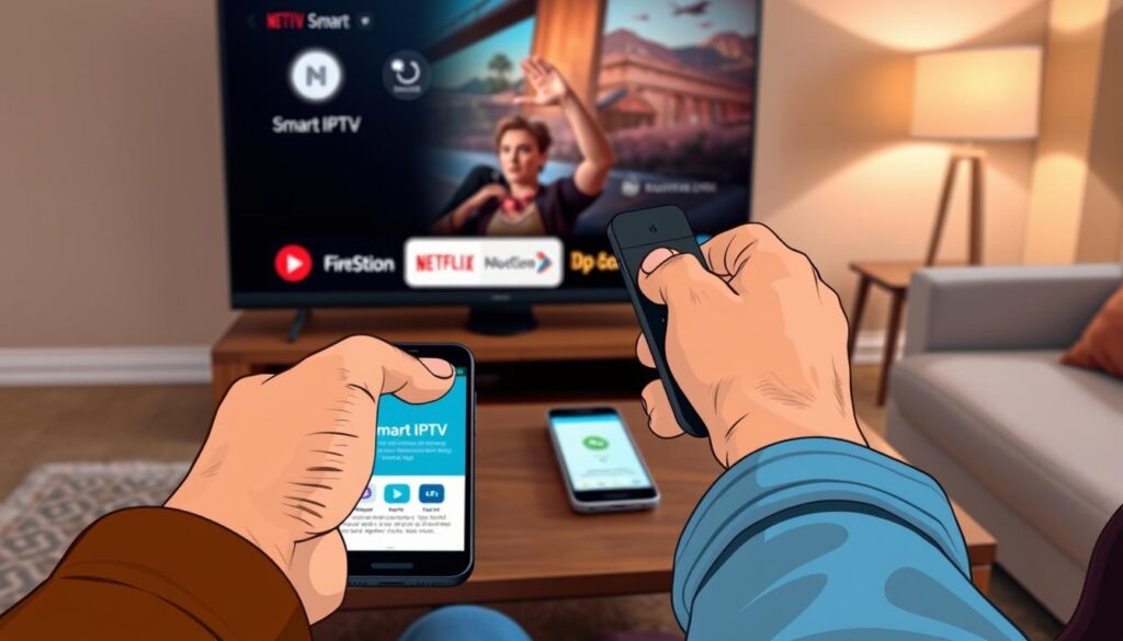 A close-up view of a television screen displaying the Smart IPTV interface on a sleek Firestick device, positioned at the bottom edge of the screen. The foreground features a person's hand, gently holding the remote control with a focused expression, wearing casual but tidy clothing. In the middle, include a coffee table with a smartphone displaying a guide for installation next to the remote. The background shows a cozy living room with soft lighting from a lamp, enhancing a warm atmosphere. The scene is captured from a slightly elevated angle, emphasizing the installation process and inviting the viewer to explore the content. A close-up view of a television screen displaying the Smart IPTV interface on a sleek Firestick device, positioned at the bottom edge of the screen. The foreground features a person's hand, gently holding the remote control with a focused expression, wearing casual but tidy clothing. In the middle, include a coffee table with a smartphone displaying a guide for installation next to the remote. The background shows a cozy living room with soft lighting from a lamp, enhancing a warm atmosphere. The scene is captured from a slightly elevated angle, emphasizing the installation process and inviting the viewer to explore the content.