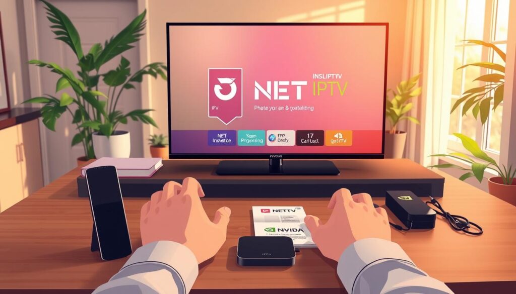 A cozy home office setup featuring a modern Nvidia Shield streaming device prominently displayed on a sleek, wooden desk. In the foreground, a pair of hands is shown carefully navigating the IPTV installation process on a vibrant screen displaying the NET IPTV interface. The middle section highlights a well-organized workspace with essential tools, including wires and a user manual, suggesting a methodical approach to the installation. The background includes a softly lit room with plants and a window allowing natural light, creating a relaxed atmosphere. The scene should project focus, clarity, and a sense of accomplishment, with a clean and polished aesthetic. The lighting is warm, enhancing the inviting mood of the space, captured at a slightly angled perspective to add depth. A cozy home office setup featuring a modern Nvidia Shield streaming device prominently displayed on a sleek, wooden desk. In the foreground, a pair of hands is shown carefully navigating the IPTV installation process on a vibrant screen displaying the NET IPTV interface. The middle section highlights a well-organized workspace with essential tools, including wires and a user manual, suggesting a methodical approach to the installation. The background includes a softly lit room with plants and a window allowing natural light, creating a relaxed atmosphere. The scene should project focus, clarity, and a sense of accomplishment, with a clean and polished aesthetic. The lighting is warm, enhancing the inviting mood of the space, captured at a slightly angled perspective to add depth.