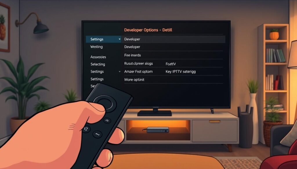 A cozy living room scene featuring a TV displaying the "Developer Options" menu on an Amazon Fire TV Stick interface. The foreground includes a sleek remote control in hand, showing a person's fingers navigating the settings. The middle section highlights a modern TV unit with the Fire Stick plugged in, surrounded by decorative elements like indoor plants and a bookshelf. The background is softly illuminated by warm lighting, creating an inviting atmosphere. A coffee table is partially visible, suggesting a comfortable viewing space. The angle captures the action as if the viewer is experiencing the setup process, focused, and ready to customize their IPTV options. Overall, the mood is relaxed and tech-savvy, ideal for preparing Lazy IPTV installation.