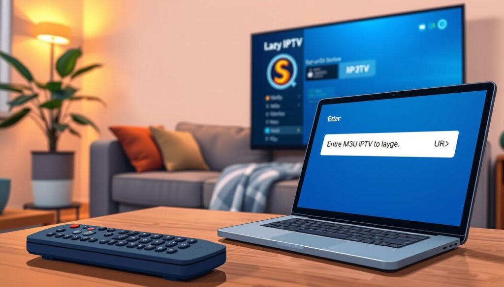 A cozy living room setting that features a modern Smart TV displaying the Lazy IPTV app interface. The foreground includes a sleek remote control resting on a wooden coffee table, and an open laptop featuring a M3U URL being entered in a text box. In the middle, a comfortable sofa adorned with cushions gives a relaxed vibe, while a soft throw blanket is casually draped over the side. The background showcases warm and inviting lighting, enhancing the homey atmosphere with a subtle glow. A potted plant is placed in a corner, adding a touch of greenery. The angle is focused slightly from above to capture the entire scene, conveying a sense of ease and simplicity in setting up Lazy IPTV.