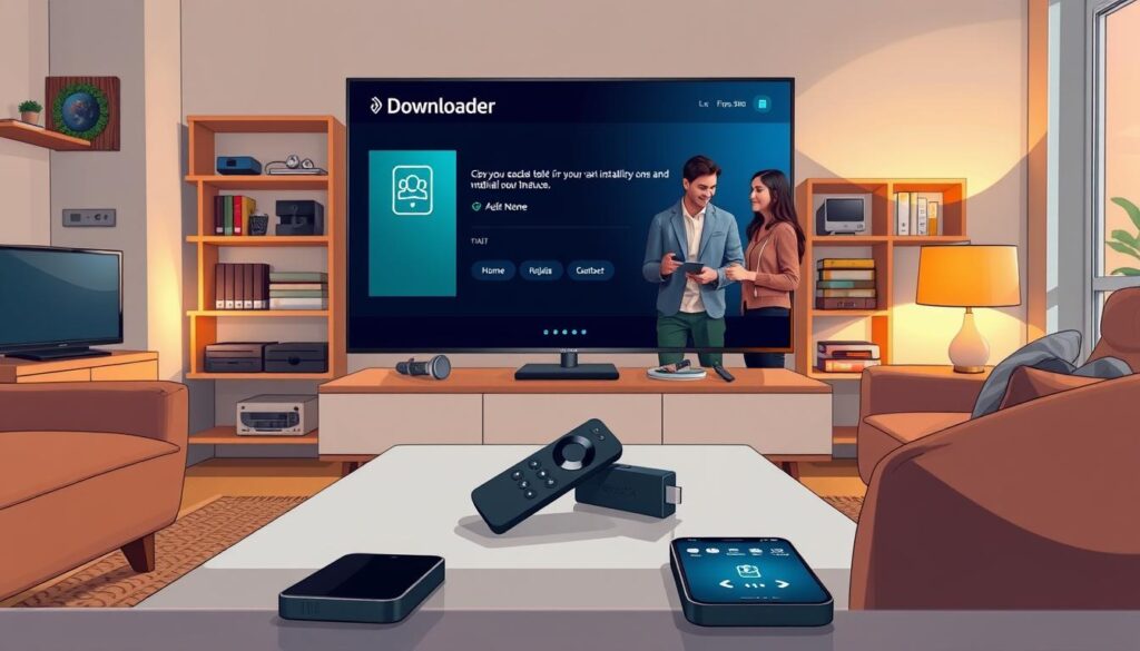 A cozy, modern living room setting featuring a TV displaying the Downloader application interface actively in use on an Amazon Fire Stick. In the foreground, a sleek remote control is positioned on a stylish coffee table, and a smartphone with a connection icon is nearby. In the middle, a diverse group of three individuals—two men and one woman—dressed in smart casual attire, discuss and assist each other with the installation, conveying teamwork. Soft, warm lighting creates an inviting atmosphere, enhancing the scene's focus on technology and collaboration. The background showcases shelves filled with tech gadgets and books, suggesting a tech-savvy environment. The angle captures the excitement and anticipation of the activation process without distractions or overlays. A cozy, modern living room setting featuring a TV displaying the Downloader application interface actively in use on an Amazon Fire Stick. In the foreground, a sleek remote control is positioned on a stylish coffee table, and a smartphone with a connection icon is nearby. In the middle, a diverse group of three individuals—two men and one woman—dressed in smart casual attire, discuss and assist each other with the installation, conveying teamwork. Soft, warm lighting creates an inviting atmosphere, enhancing the scene's focus on technology and collaboration. The background showcases shelves filled with tech gadgets and books, suggesting a tech-savvy environment. The angle captures the excitement and anticipation of the activation process without distractions or overlays.