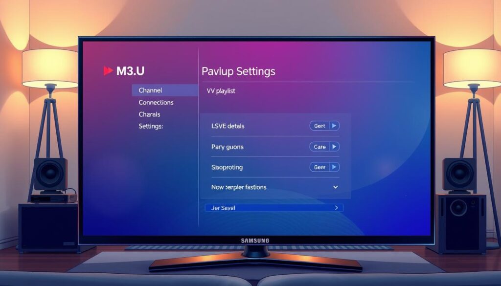 A detailed digital illustration of an M3U playlist settings interface, showcasing a sleek user interface on a Samsung Smart TV screen. The foreground features a realistic TV set with vibrant graphics displayed, highlighting the M3U playlist options, channel connections, and additional settings. The middle layer includes a comfortable living room setup with a modern coffee table and ambient lighting to create a cozy atmosphere. In the background, subtle hints of technology like a gaming console and decorative items enhance the scene without distraction. The lighting is soft and warm, emanating from stylish floor lamps. The viewpoint is slightly angled, mimicking a user's perspective while sitting on a couch. The overall mood is inviting and engaging, capturing the essence of modern home entertainment. A detailed digital illustration of an M3U playlist settings interface, showcasing a sleek user interface on a Samsung Smart TV screen. The foreground features a realistic TV set with vibrant graphics displayed, highlighting the M3U playlist options, channel connections, and additional settings. The middle layer includes a comfortable living room setup with a modern coffee table and ambient lighting to create a cozy atmosphere. In the background, subtle hints of technology like a gaming console and decorative items enhance the scene without distraction. The lighting is soft and warm, emanating from stylish floor lamps. The viewpoint is slightly angled, mimicking a user's perspective while sitting on a couch. The overall mood is inviting and engaging, capturing the essence of modern home entertainment.