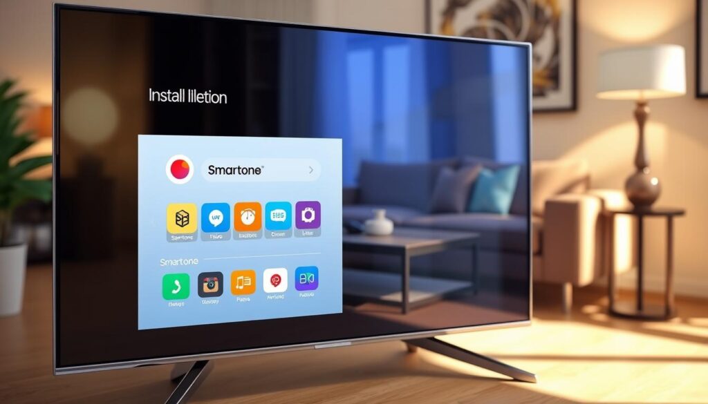 A detailed view of a Samsung Smart TV screen displaying the installation interface for the Smartone app. In the foreground, the TV is sleek and modern, with a slight reflection showcasing a well-lit living room. The screen shows a vivid, user-friendly app installation menu with colorful icons, highlighting the Smartone app prominently. The middle layer features a stylish coffee table with a remote control and a cozy couch adorned with decorative pillows. In the background, soft lighting complements the warm atmosphere of the room, while subtle shadows create depth. The image captures a welcoming, tech-savvy environment, inviting viewers to explore the setup process of the Smartone application on their Samsung Smart TV. A detailed view of a Samsung Smart TV screen displaying the installation interface for the Smartone app. In the foreground, the TV is sleek and modern, with a slight reflection showcasing a well-lit living room. The screen shows a vivid, user-friendly app installation menu with colorful icons, highlighting the Smartone app prominently. The middle layer features a stylish coffee table with a remote control and a cozy couch adorned with decorative pillows. In the background, soft lighting complements the warm atmosphere of the room, while subtle shadows create depth. The image captures a welcoming, tech-savvy environment, inviting viewers to explore the setup process of the Smartone application on their Samsung Smart TV.