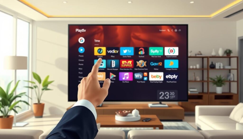 A modern digital landscape representing smart IPTV playlist management. In the foreground, a sleek, user-friendly interface on a large screen displays vibrant channel icons and playlist options in an organized manner. A hand, dressed in professional attire, is poised to select a channel, indicating interaction with the system. In the middle ground, an elegant home setting with soft lighting creates a warm atmosphere, subtly hinting at technology within a cozy living room. The background features a stylish bookshelf and modern decor elements, enhancing the tech-savvy yet homely vibe. The overall image conveys a sense of ease and sophistication in managing IPTV options, inviting viewers into the smart entertainment experience. A modern digital landscape representing smart IPTV playlist management. In the foreground, a sleek, user-friendly interface on a large screen displays vibrant channel icons and playlist options in an organized manner. A hand, dressed in professional attire, is poised to select a channel, indicating interaction with the system. In the middle ground, an elegant home setting with soft lighting creates a warm atmosphere, subtly hinting at technology within a cozy living room. The background features a stylish bookshelf and modern decor elements, enhancing the tech-savvy yet homely vibe. The overall image conveys a sense of ease and sophistication in managing IPTV options, inviting viewers into the smart entertainment experience.
