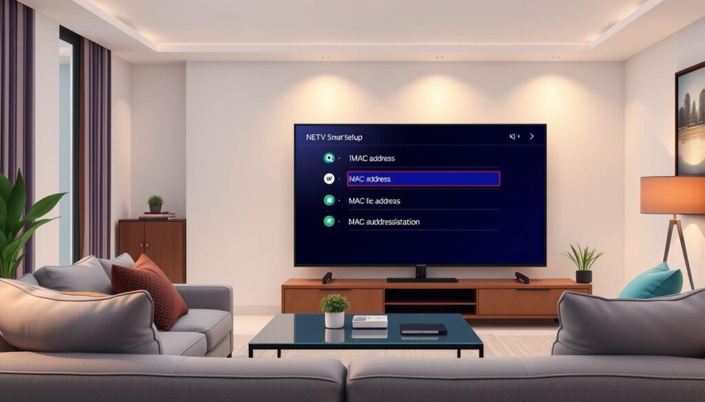 A modern home interior featuring a Samsung Smart TV displaying an interface for NET IPTV setup, prominently highlighting the MAC address registration section. In the foreground, a clean and stylish living room setup with a comfortable sofa, a sleek coffee table, and minimalist decor. The middle ground includes the TV screen, showing a clear and user-friendly menu with options for MAC address input, labeled with colorful icons for easy navigation. The background features soft ambient lighting, emphasizing a cozy and tech-savvy atmosphere, with subtle reflections on the TV screen. The scene is captured from an eye-level angle, focusing on the TV, while ensuring the space feels inviting and modern. A modern home interior featuring a Samsung Smart TV displaying an interface for NET IPTV setup, prominently highlighting the MAC address registration section. In the foreground, a clean and stylish living room setup with a comfortable sofa, a sleek coffee table, and minimalist decor. The middle ground includes the TV screen, showing a clear and user-friendly menu with options for MAC address input, labeled with colorful icons for easy navigation. The background features soft ambient lighting, emphasizing a cozy and tech-savvy atmosphere, with subtle reflections on the TV screen. The scene is captured from an eye-level angle, focusing on the TV, while ensuring the space feels inviting and modern.