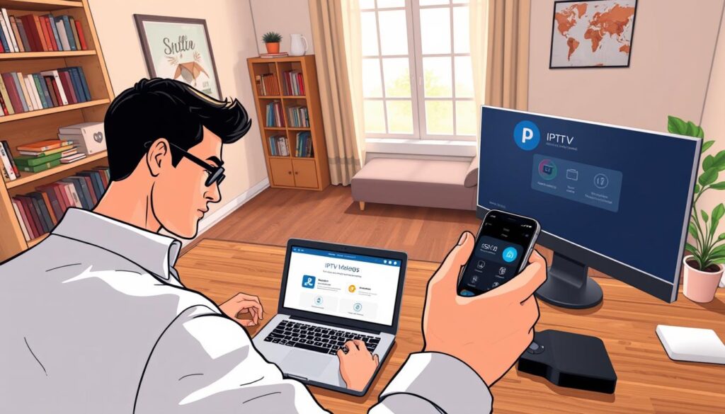 A modern home office setting showcasing the process of downloading and installing an IPTV application on a smartphone or Firestick device. In the foreground, a person in smart casual attire is focused on their device, with clear visual cues of the IPTV application interface displayed on the screen. In the middle, there is a sleek laptop open with related installation steps visible. The background features a cozy, well-lit room with bookshelves and a large window letting in natural light, giving a warm and inviting atmosphere. The angle captures the scene from a slight overhead perspective, emphasizing the interaction between the user and the technology. The overall mood is one of productivity and clarity, reflecting the steps of the IPTV installation process. A modern home office setting showcasing the process of downloading and installing an IPTV application on a smartphone or Firestick device. In the foreground, a person in smart casual attire is focused on their device, with clear visual cues of the IPTV application interface displayed on the screen. In the middle, there is a sleek laptop open with related installation steps visible. The background features a cozy, well-lit room with bookshelves and a large window letting in natural light, giving a warm and inviting atmosphere. The angle captures the scene from a slight overhead perspective, emphasizing the interaction between the user and the technology. The overall mood is one of productivity and clarity, reflecting the steps of the IPTV installation process.